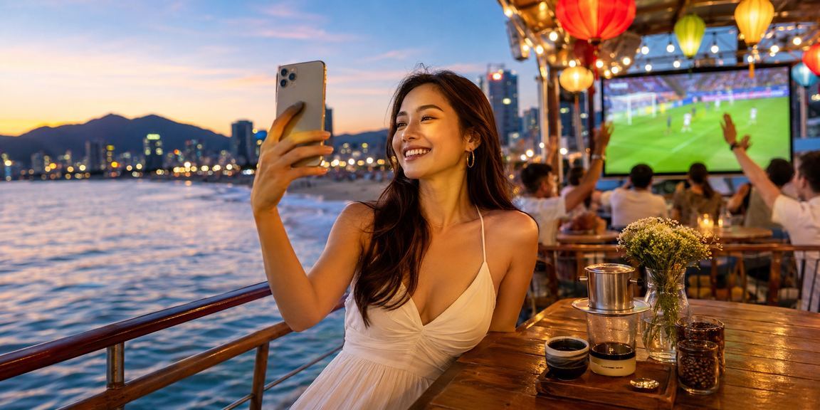 Người chơi xem cá cược bóng đá qua ứng dụng k40s tại quán cà phê Đà Nẵng