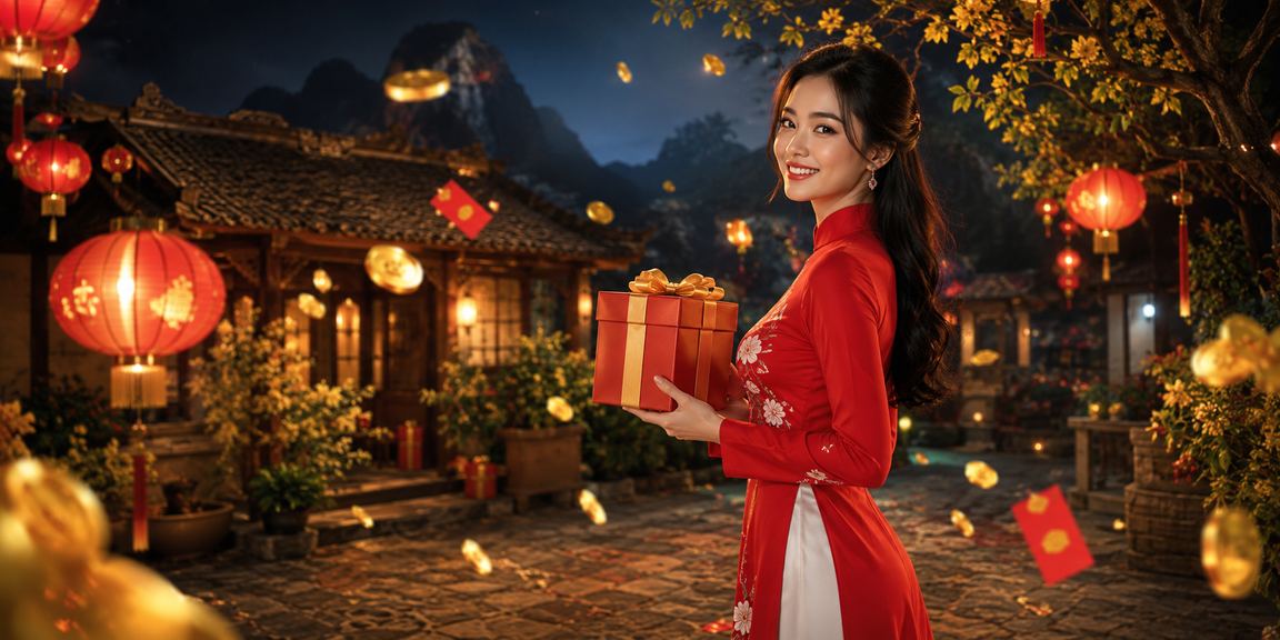Người mặc áo dài tại Ninh Bình cầm phong bì đỏ tượng trưng cho khuyến mãi chào mừng